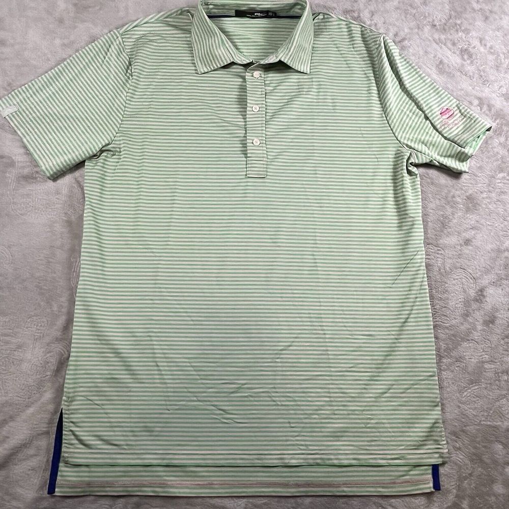 RLX Ralph Lauren Polo Golf Shirt Men Green Lt Pink Striped Performance Stretch L